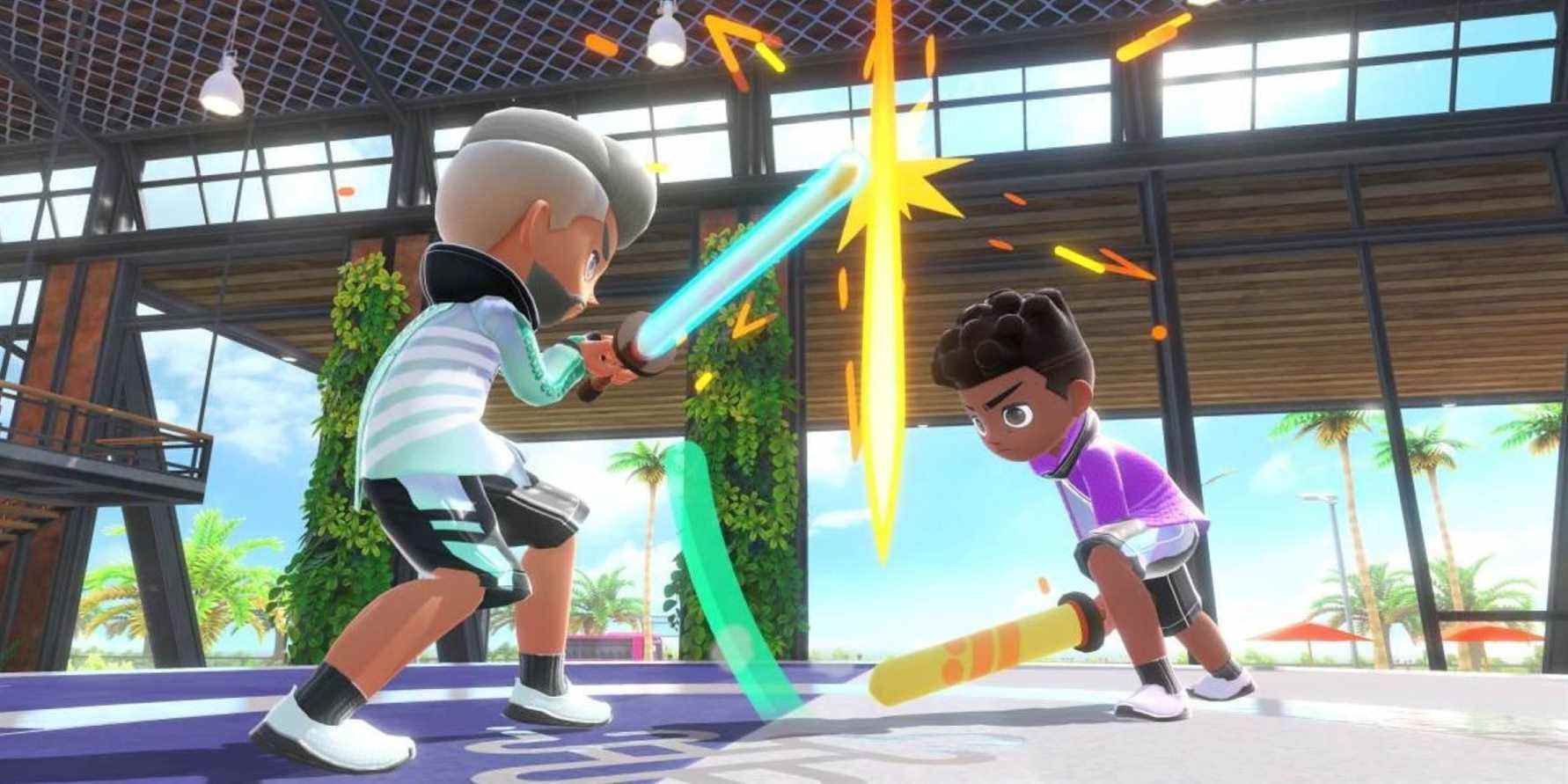 Deux joueurs en compétition à Chambara dans Nintendo Switch Sports