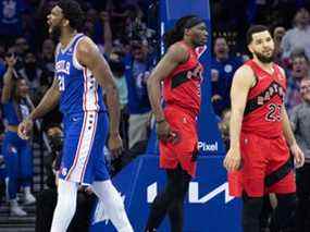 Le centre des Philadelphia 76ers Joel Embiid (21 ans) réagit devant le garde des Raptors de Toronto Fred VanVleet (23 ans) après un score et un au cours du deuxième quart du premier match du premier tour des éliminatoires de la NBA 2022 au Wells Fargo Center.