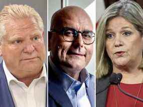 De gauche à droite, le premier ministre Doug Ford, le chef libéral Steven Del Duca et la chef du NPD Andrea Horwath.