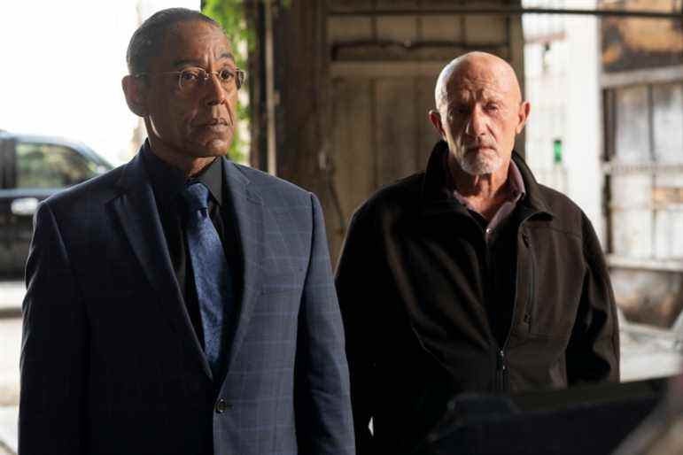 Giancarlo Esposito as Gustavo "Gus" Fring, Jonathan Banks as Mike Ehrmantraut - Better Call Saul _ Season 5 - Photo Credit: Greg Lewis/AMC/Sony Pictures Television