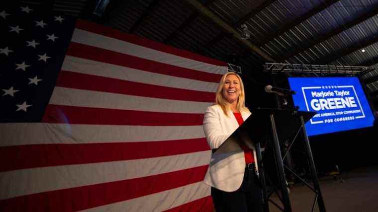 Rep. Marjorie Taylor Greene speaks during a rally, Saturday, March 5, 2022, in Rome, Ga. (AP Photo/Mike Stewart)