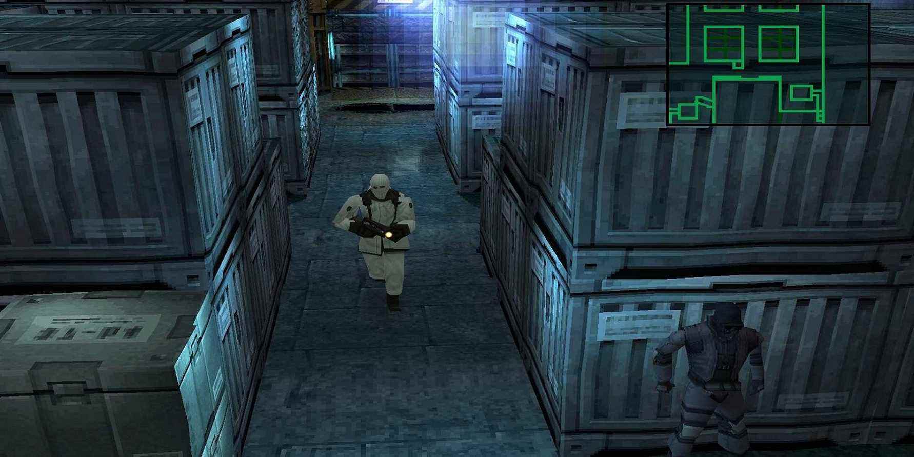 Image from Metal Gear Solid showing Snake hiding from an enemy.