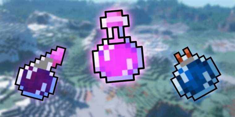 Image from Minecraft showing some potions with the world blurry in the background.