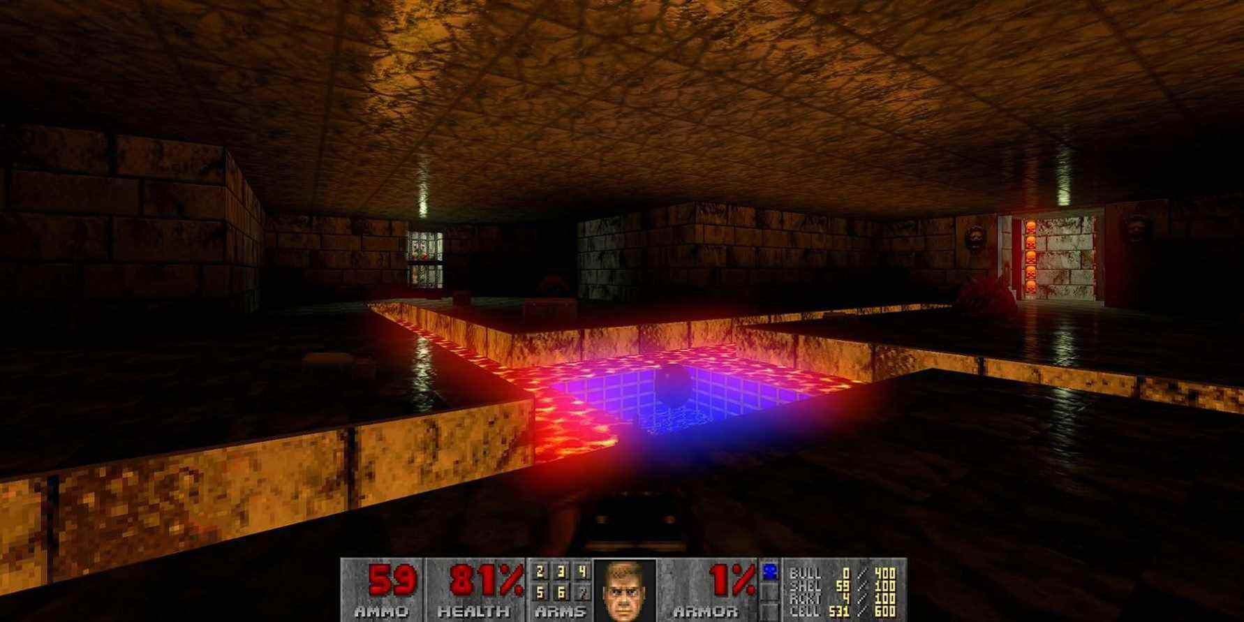 A screenshot from the original Doom showing modern ray tracing lighting effects.