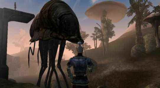 Image from Morrowind showing a Dark Elf stood next to a Silt Strider.