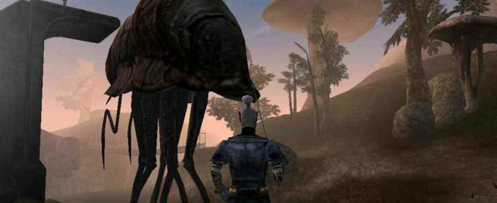 Image from Morrowind showing a Dark Elf stood next to a Silt Strider.