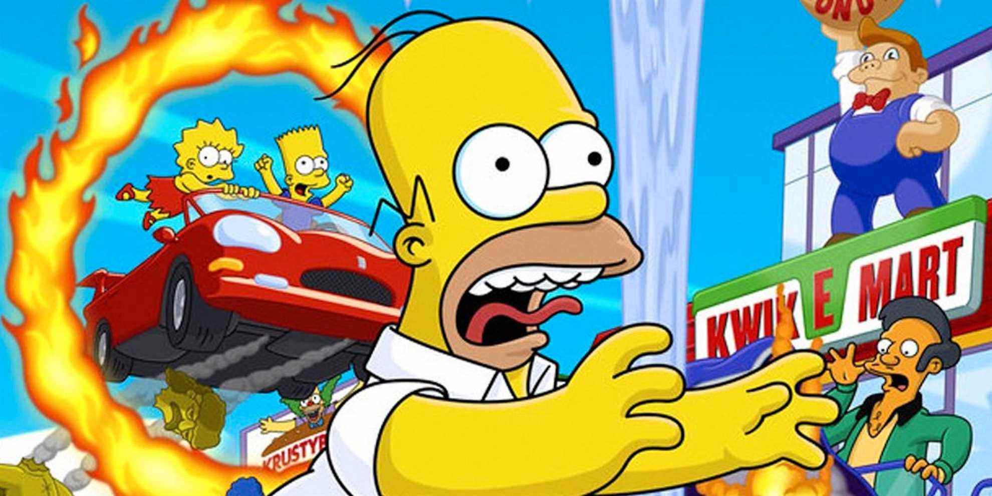 Homer screaming and running away from car. 