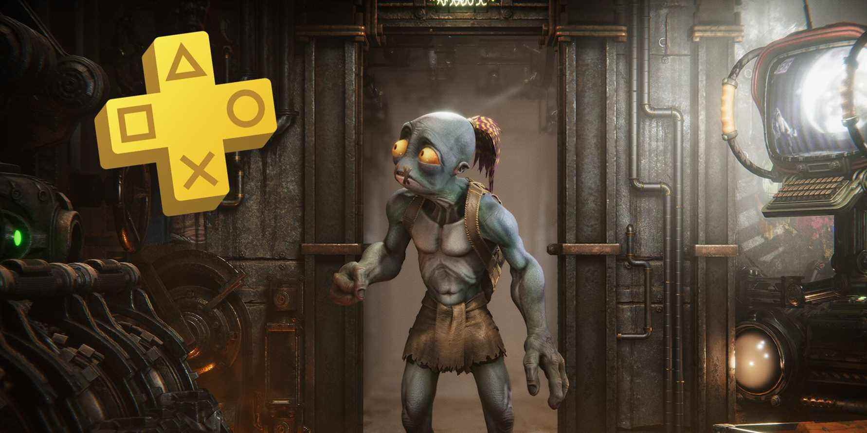 Oddworld: Soulstorm Abe looking at the PS Plus logo