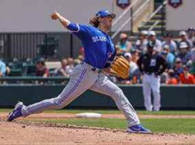 Le lanceur des Blue Jays, Kevin Gausman, lance un lancer au Tiger à Lakeland, en Floride.