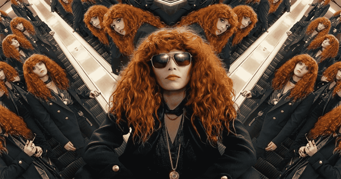 Nadia in her black outfit in a kaleidoscopic hall of mirrors in Russian Doll