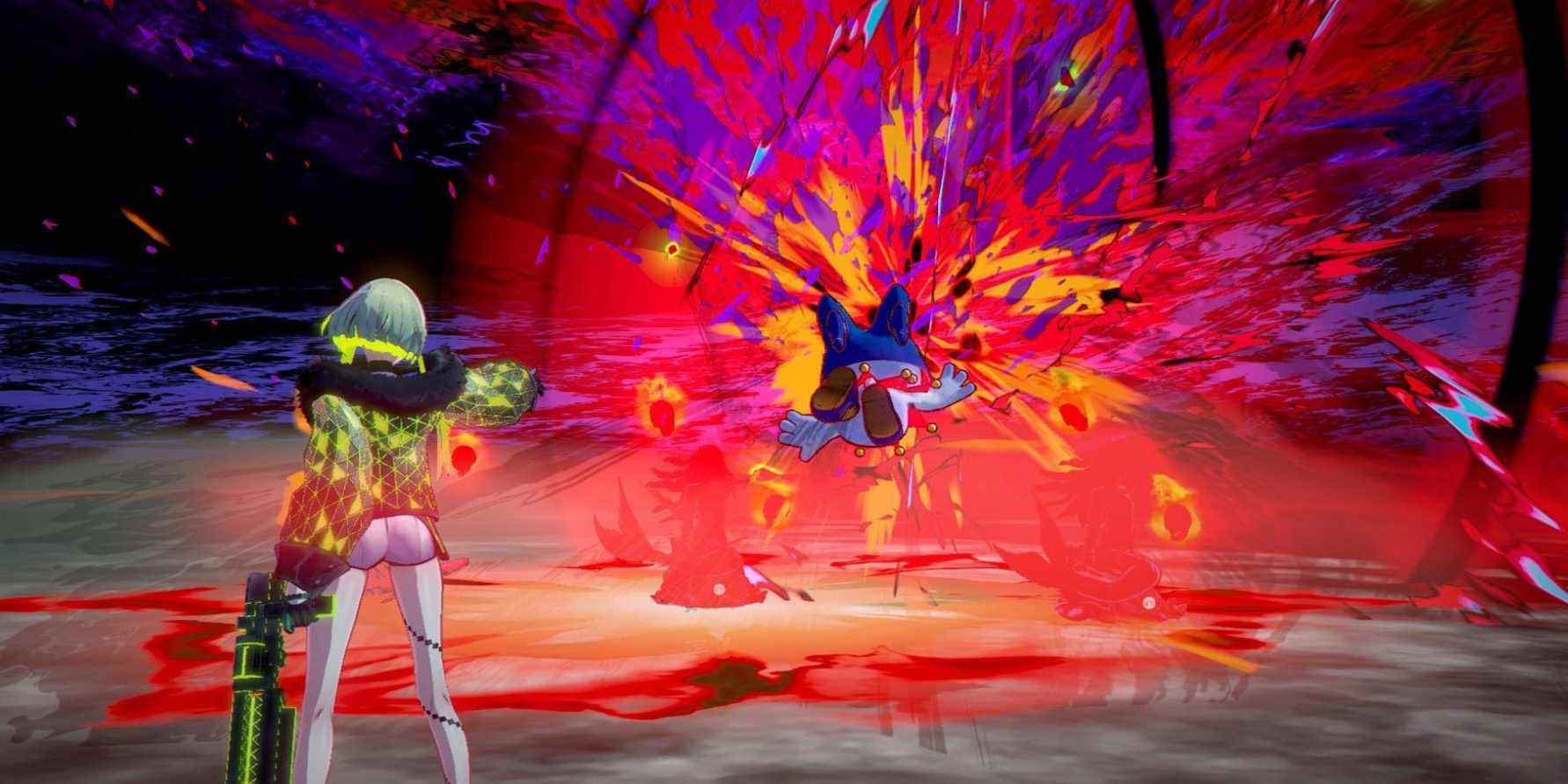 Soul Hackers 2 protagonist Ringo blasting an enemy Jack Frost in combat