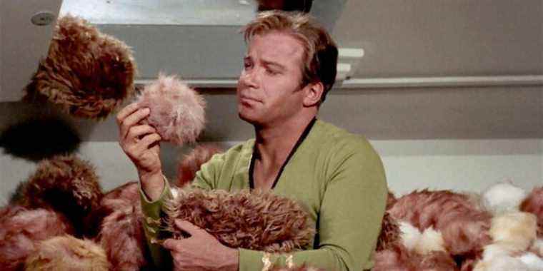 Captain Kirk holding a Tribble