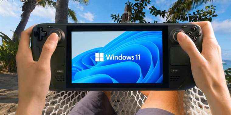 An image of someone holding a Steam Deck which has the Windows 11 logo on the screen.