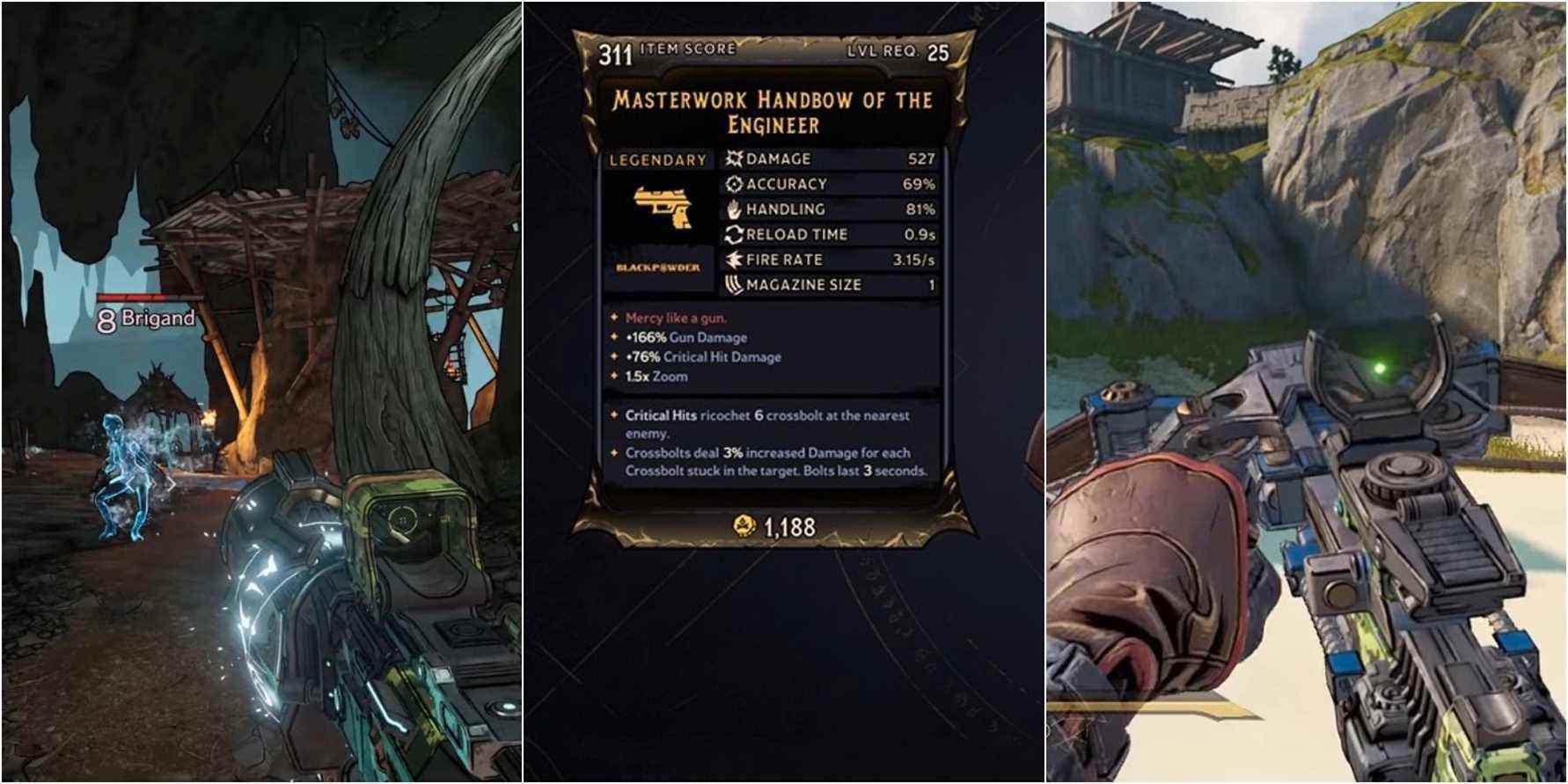 Tiny Tina Wonderlands split image of frost SMG and Thumbsbane firing, Handbow stats