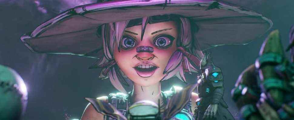 A close-up on Tiny Tina's intense smile in Tiny Tina's Wonderlands.