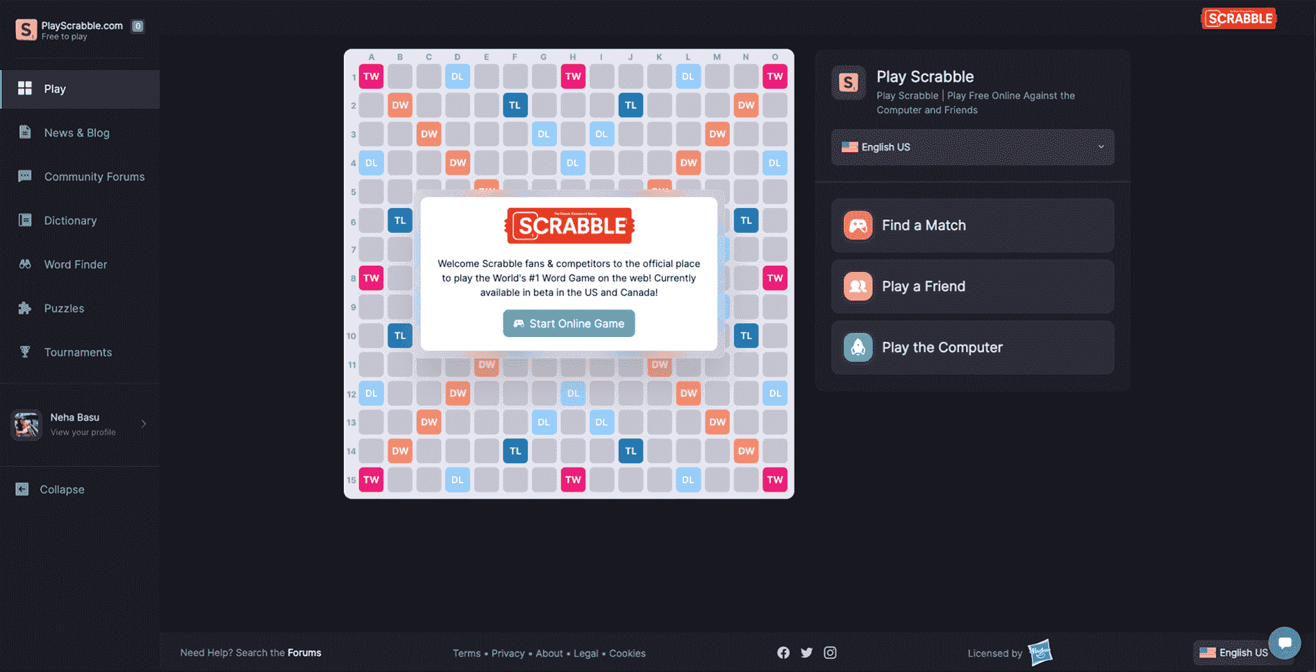 Official free Scrabble browser game