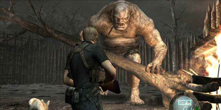 Image from Resident Evil 4 showing Leon about to fight El Gigante.