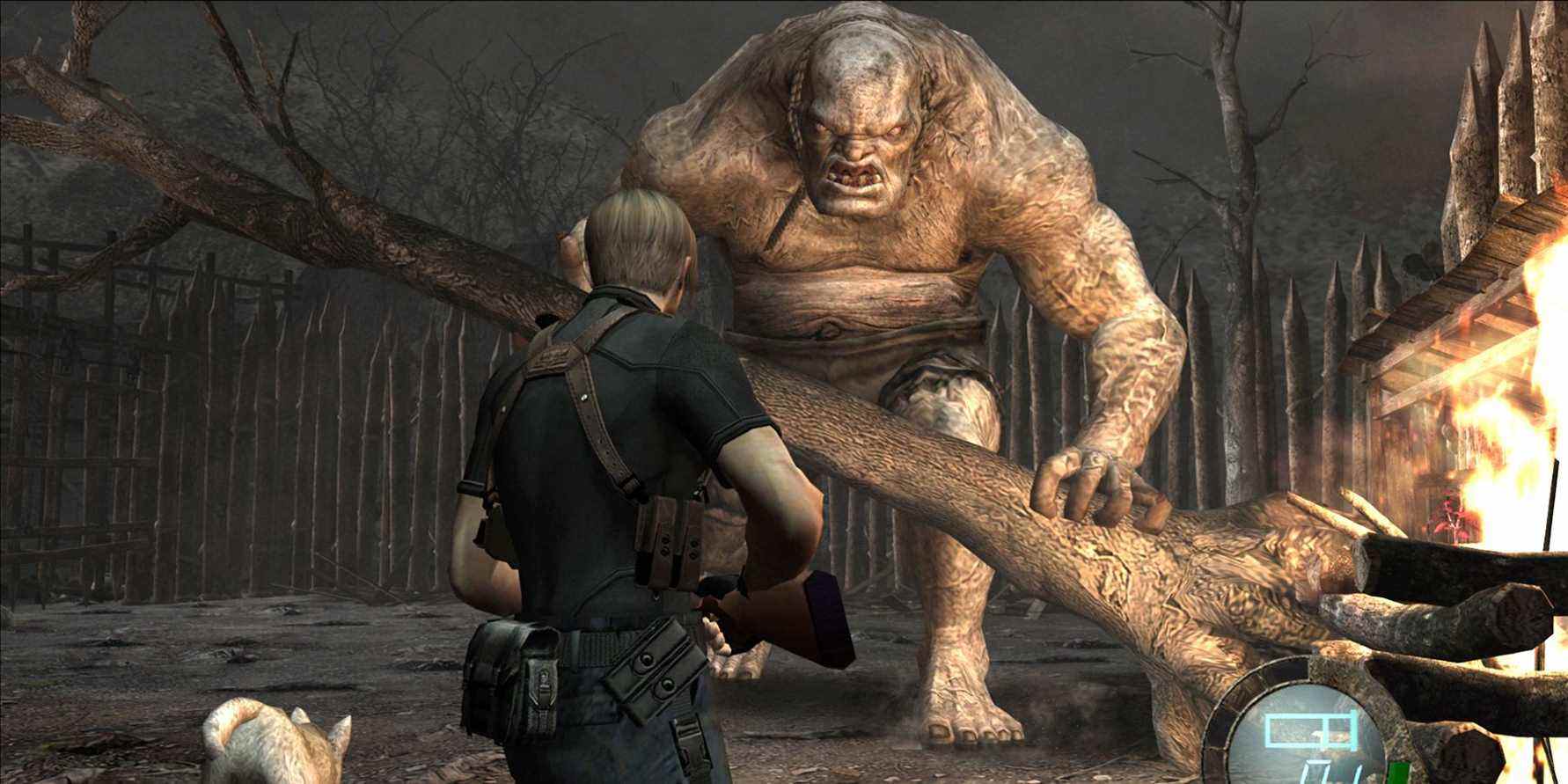 Image from Resident Evil 4 showing Leon about to fight El Gigante.