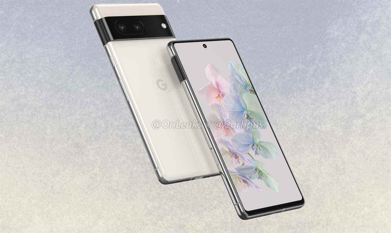 Rendus de l'arrière et de l'avant du Google Pixel 7 dans un coloris blanc.