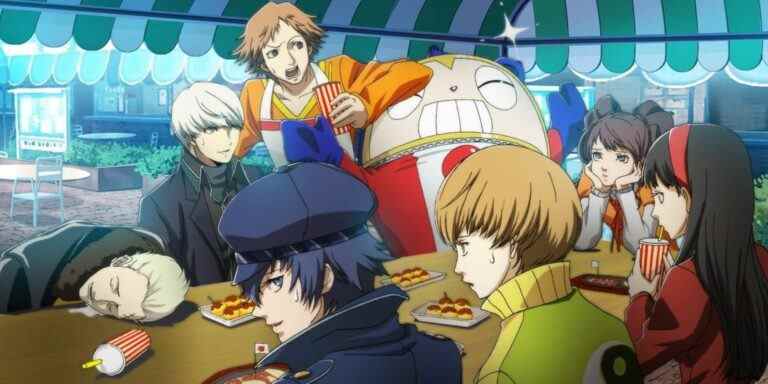 The Investigation Team from Persona 4 hanging out at Junes