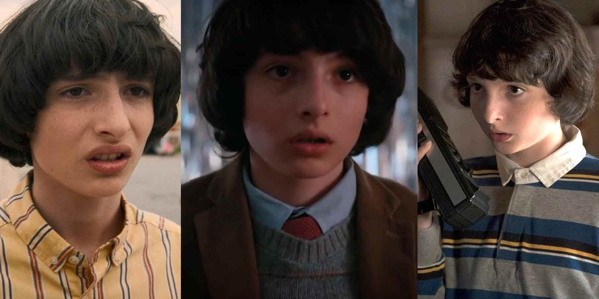 Mike after being dumped by Eleven in season 3; Mike at the winter formal in season 2; Mike talking to a walkie talkie in season 1