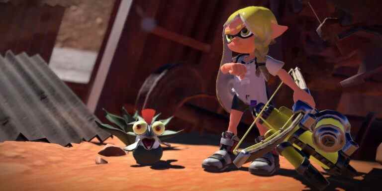 Splatoon 3 yellow Inkling with a Smallfry buddy