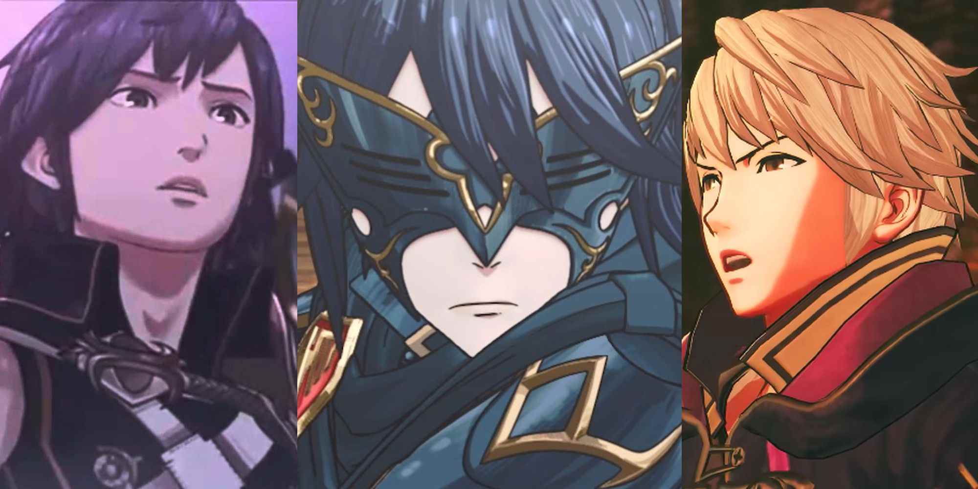 Chrom staring at Lucina in a cutscene; Lucina in disguise as Marth in a cutscene; Robin in a cutscene from Fire Emblem Warriors