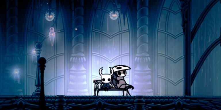 Hollow Knight the Knight and Quirrell sitting on the first bench in the City of Tears