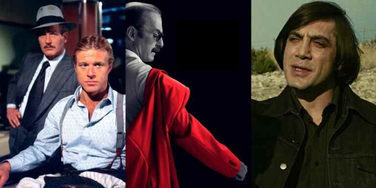 Split image of Paul Newman and Robert Redford in The Sting, a poster for Better Call Saul season 6, and Javier Bardem in No Country for Old Men