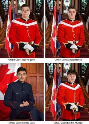 Élèves du Collège militaire royal, dans le sens des aiguilles d'une montre à partir du coin supérieur gauche, l'élève-officier Jack Hogarth, l'élève-officier Andrei Honciu, l'élève-officier Andrés Salek et l'élève-officier Broden Murphy.  Photo gracieuseté du MDN