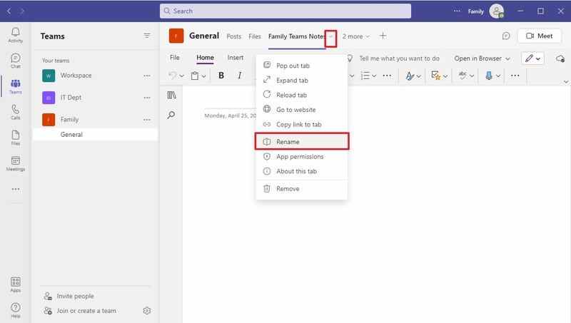 Les équipes renomment l'onglet OneNote