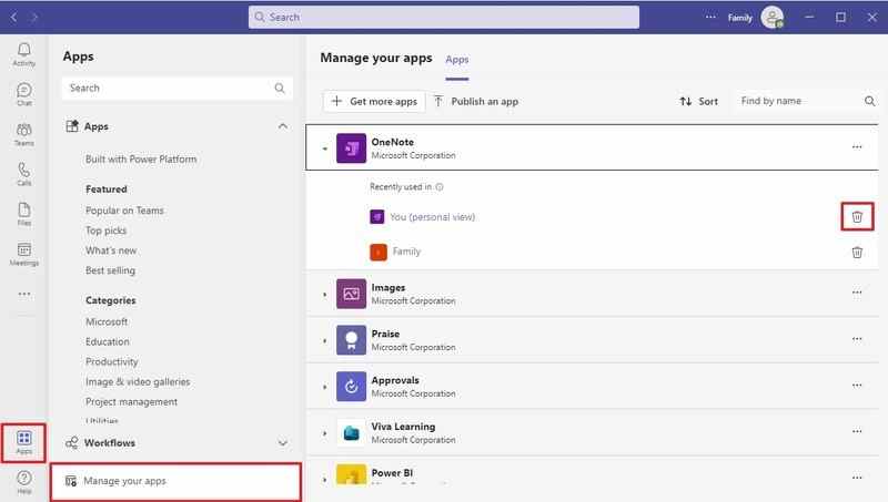 Les équipes désinstallent OneNote