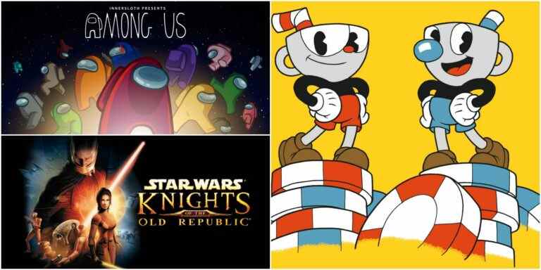 Among Us, KOTOR, and Cuphead Title Images