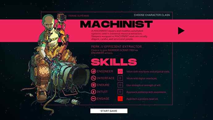 L'écran de sélection des personnages pour la classe Machinist dans Citizen Sleeper