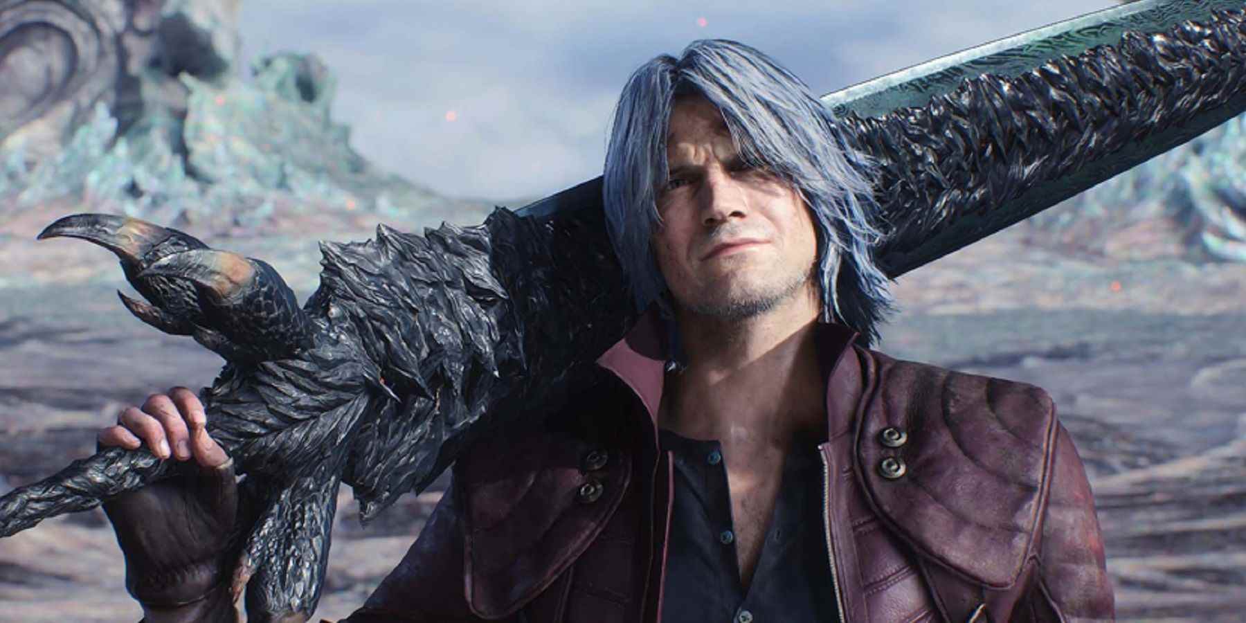 Devil May Cry 5 Dante regarde le spectateur avec une épée en bandoulière.