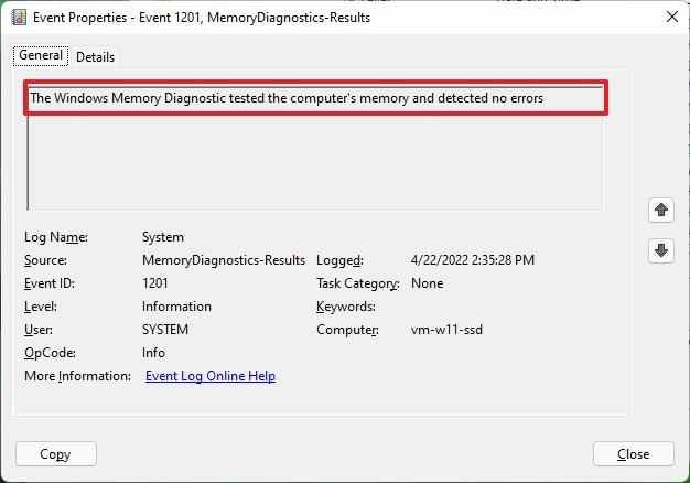 Résultats du diagnostic de la mémoire Windows