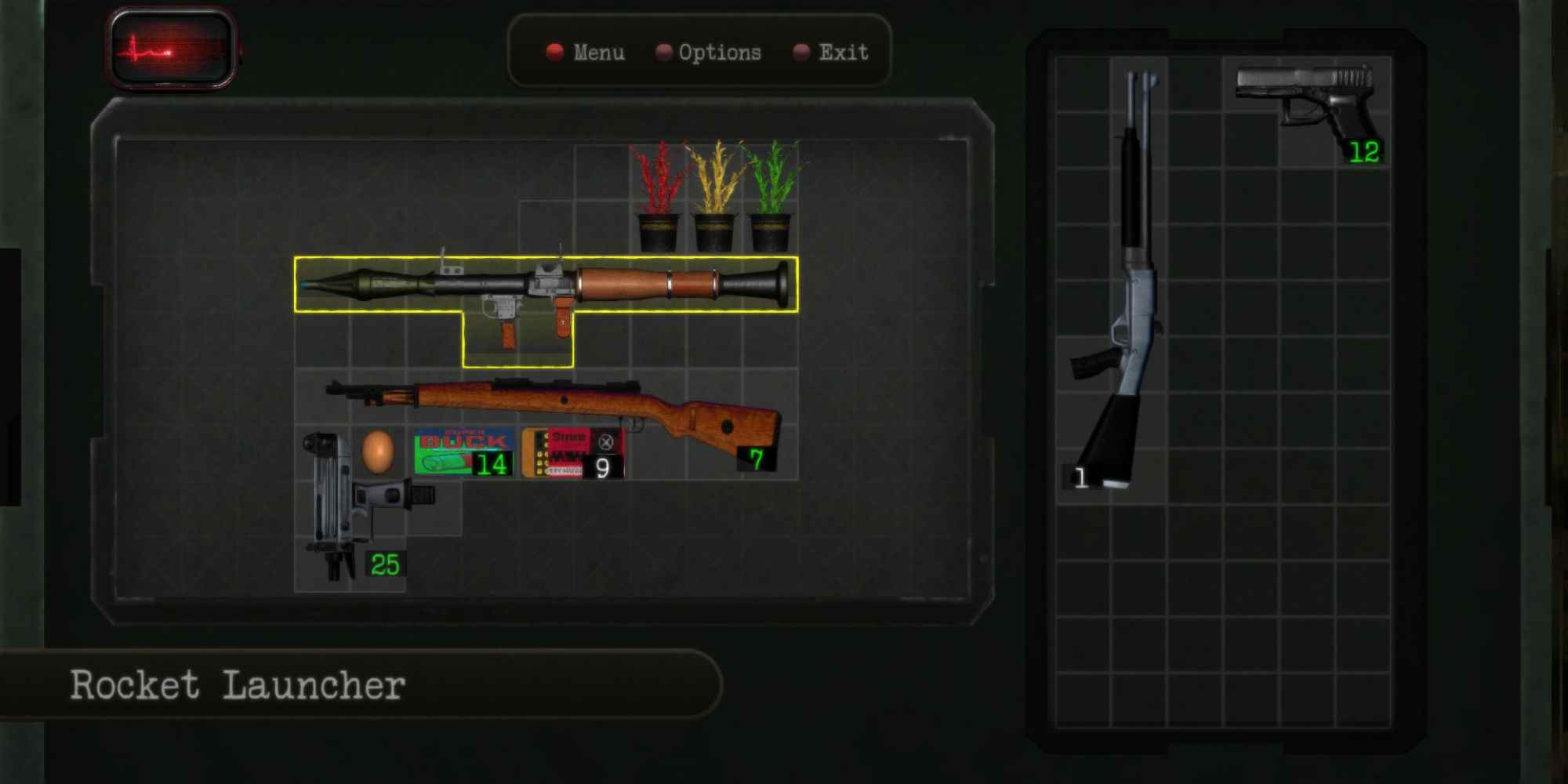 A Resident Evil inventory contains weapons, ammo, and herbs. 