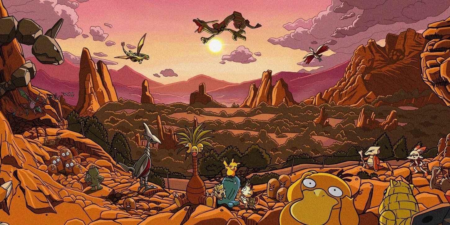 Pokémon World, Pokemon, paysage désertique avec des pokémons célèbres