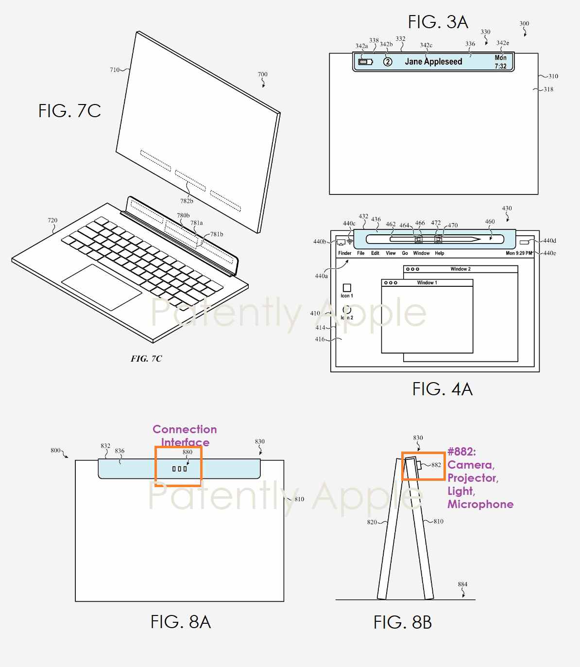 Une illustration modifiée d'un brevet Apple, montrant une tablette insérée dans un clavier, ainsi que plusieurs fonctionnalités pour la charnière comme un écran ou une fente pour stylet.