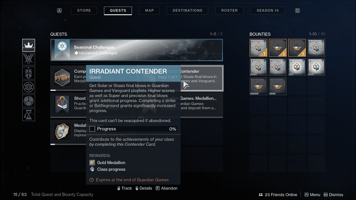 Un inventaire de quête Destiny 2 avec la quête Irradiant Contender Contender Card