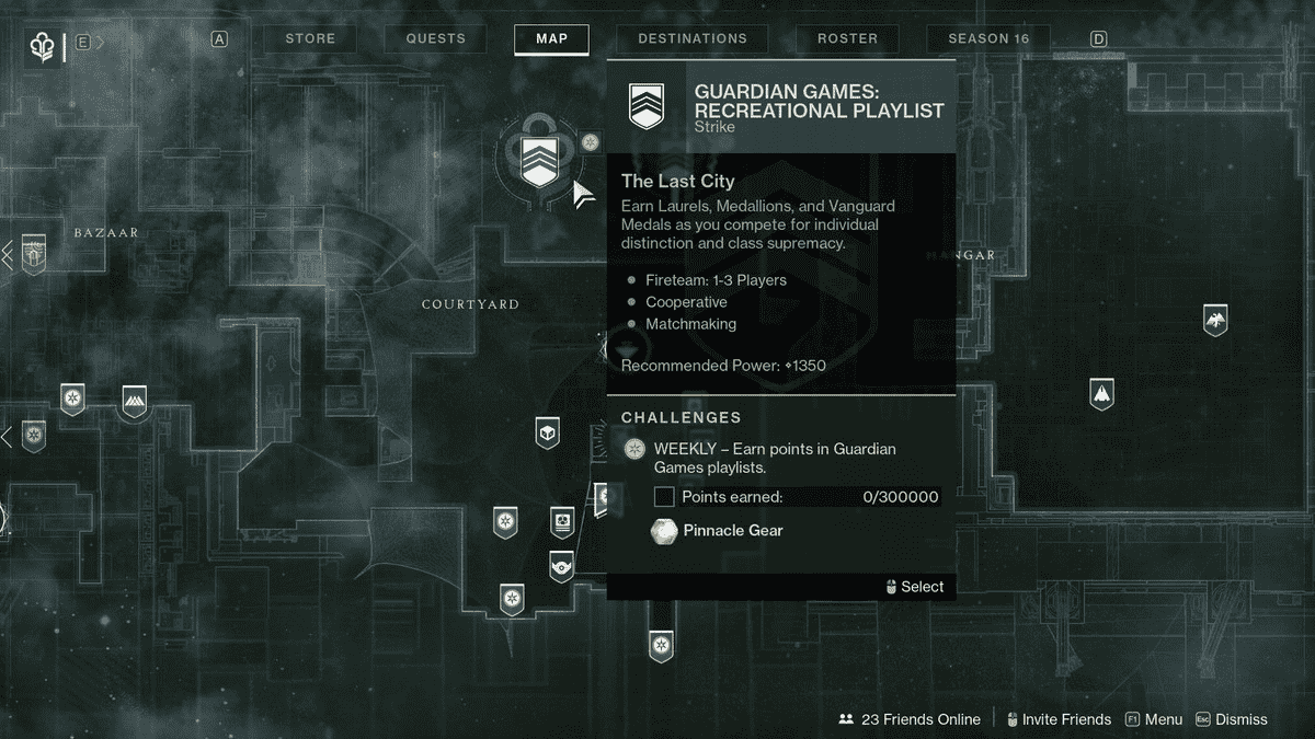 Une capture d'écran de la carte Destiny 2 de la tour, survolant les listes de lecture Guardian Games Strike