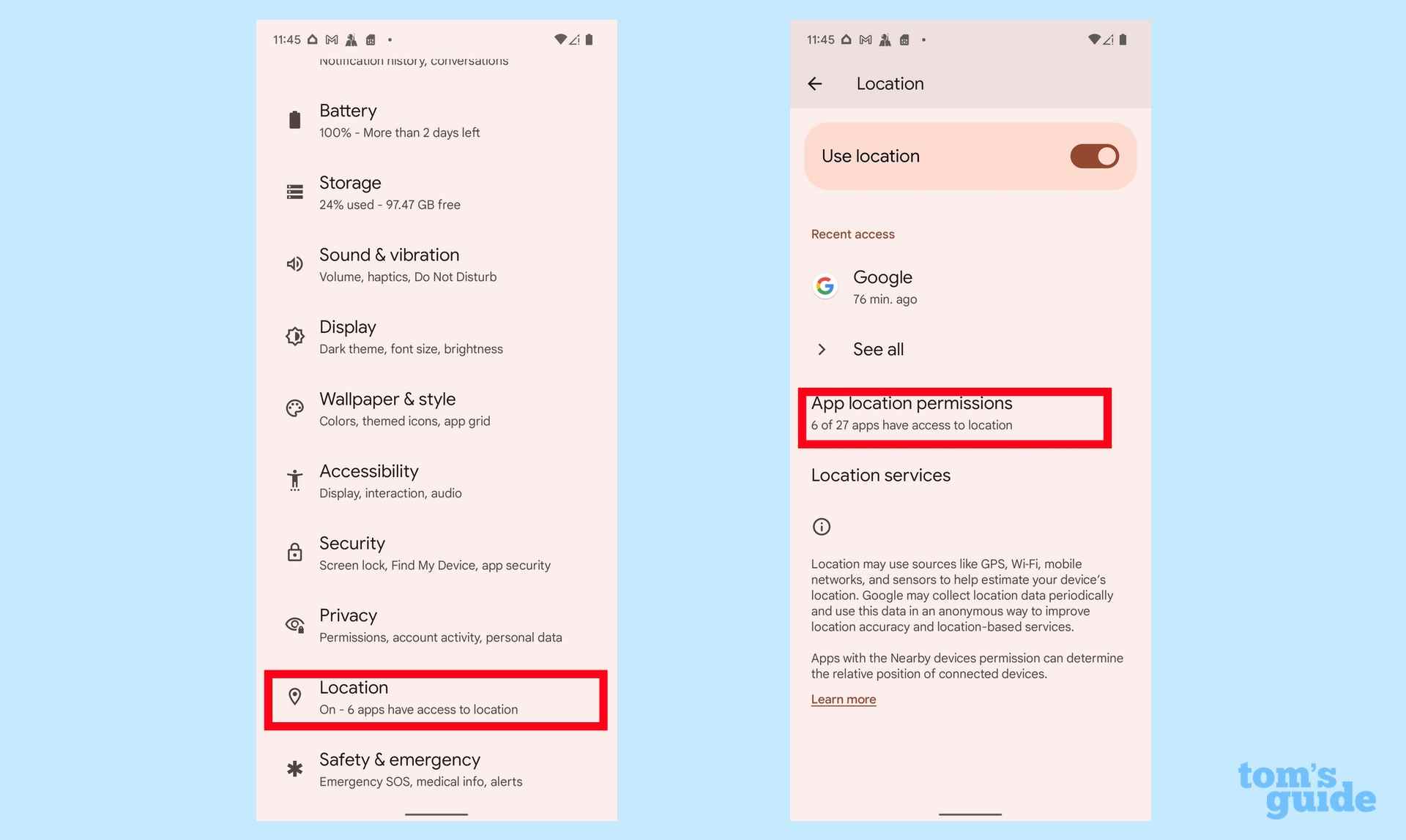 Autorisations de localisation du smartphone sur un téléphone Android 12