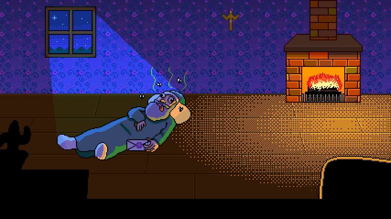 Mod Stardew Valley - Grand-père allongé sur le sol mort entouré de mouches.