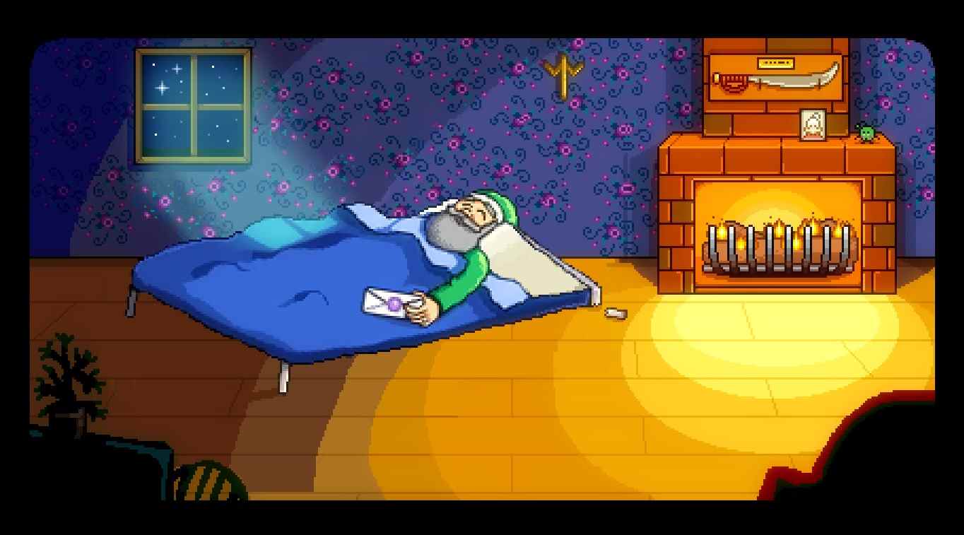 Mod Stardew Valley - Grand-père allongé dans un lit avec une jambe cassée.