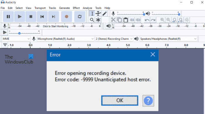 Audacity Erreur lors de l’ouverture du périphérique d’enregistrement, Erreur 9999 Erreur d’hôte imprévue