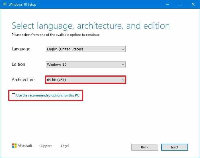 Sélection de téléchargement Windows 10 64 bits