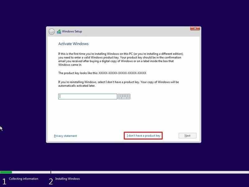 Option de clé de produit Windows 10