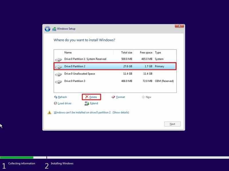 Option de suppression de partition Windows 10