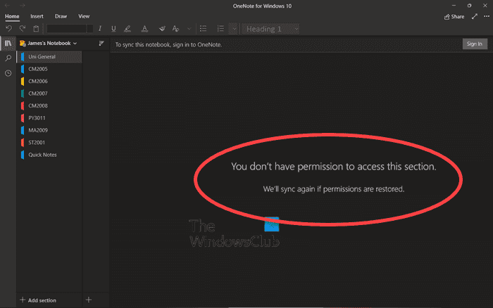 Vous n’êtes pas autorisé à accéder à cette section Erreur OneNote