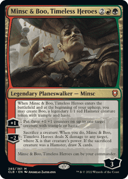 Minsc et Boo, les héros intemporels sont un planeswalker singulier qui peut également être un commandant.